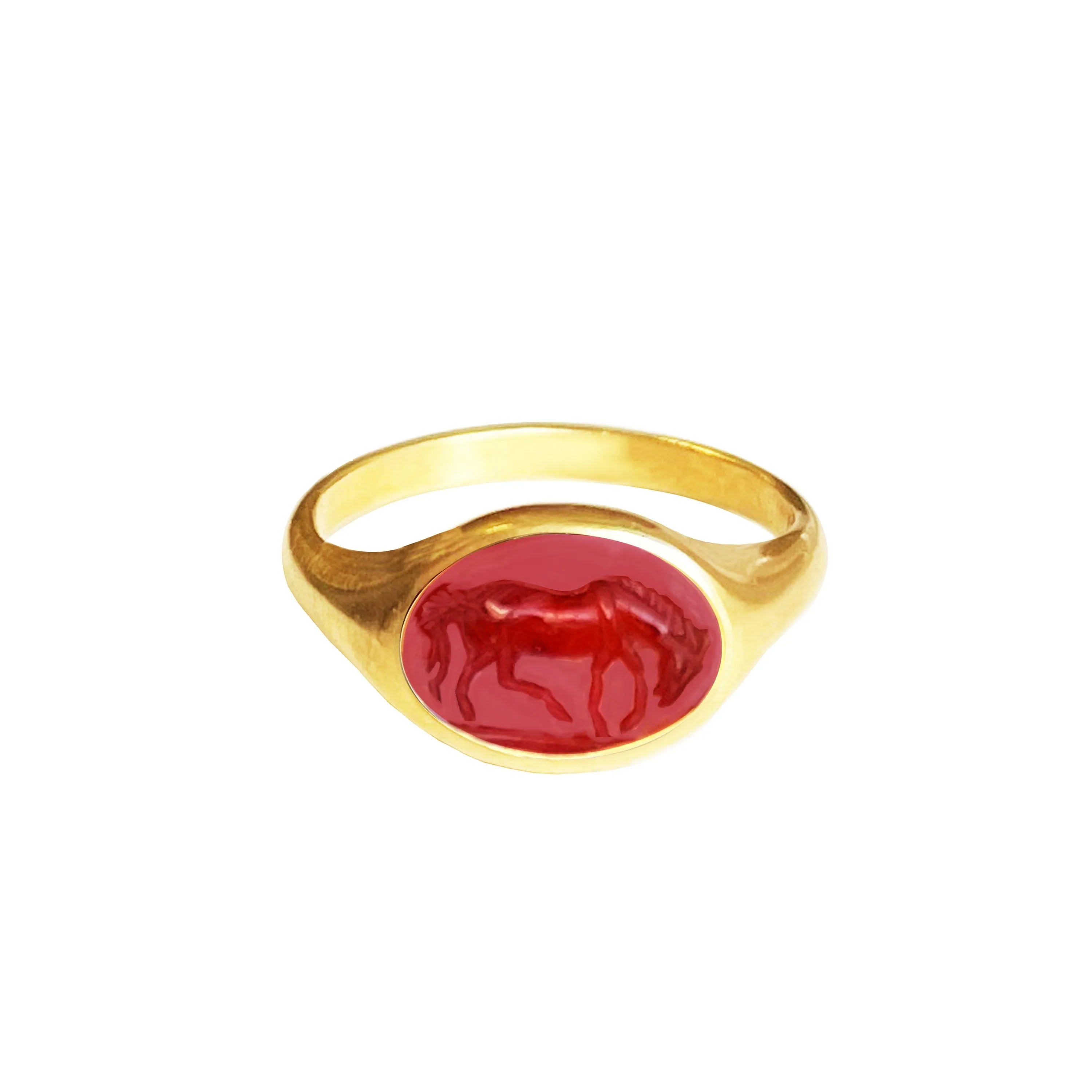 Authentic Ancient Roman Carnelian Intaglio 2nd-3rd Cent AD 18Kt Gold Ring depicting a Horse