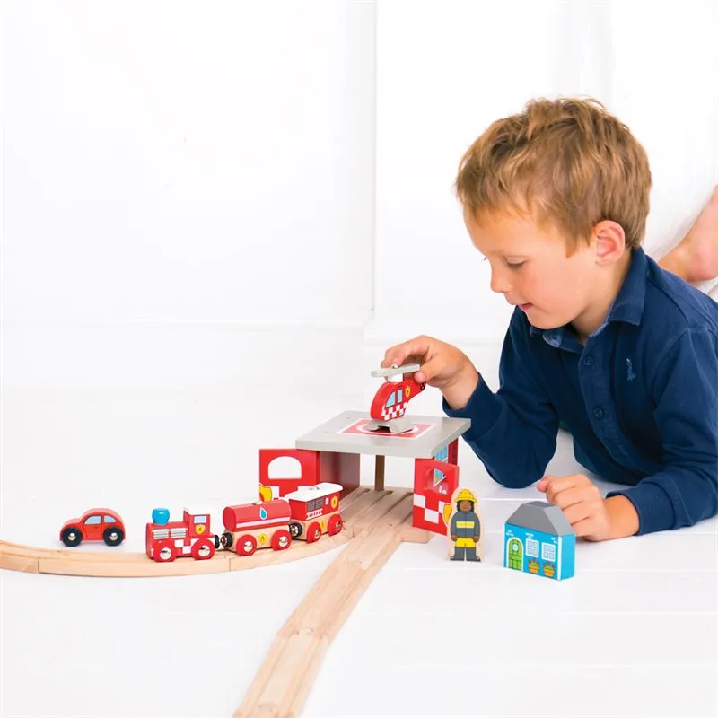 Bigjigs Fire Station Shed with helipad and fire rescue helicopter