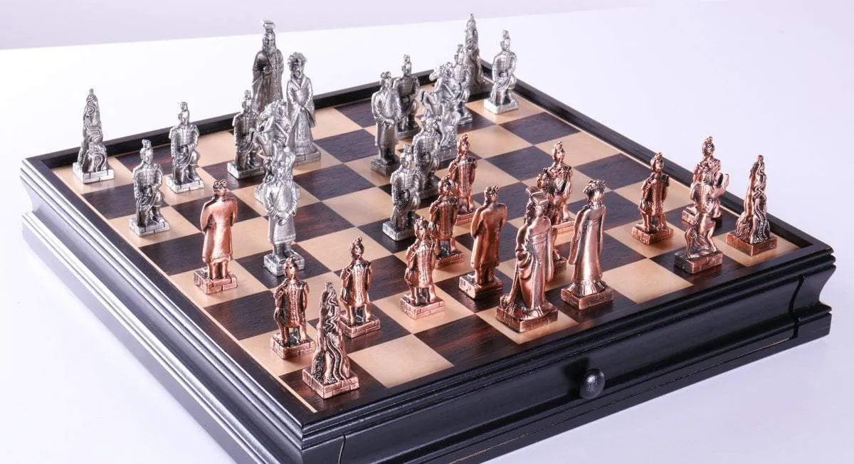 Chinese Qin Chess and Checker Set with Pewter Chessmen and Storage