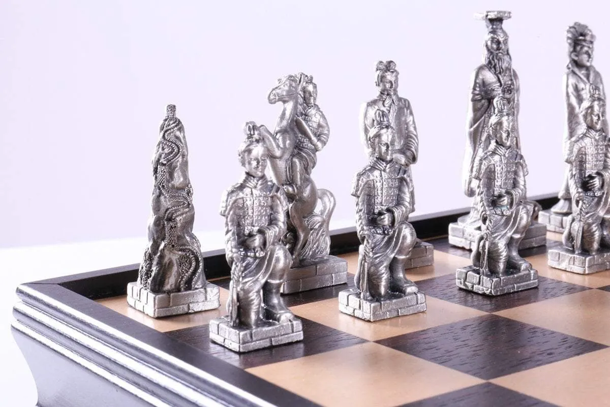 Chinese Qin Chess and Checker Set with Pewter Chessmen and Storage