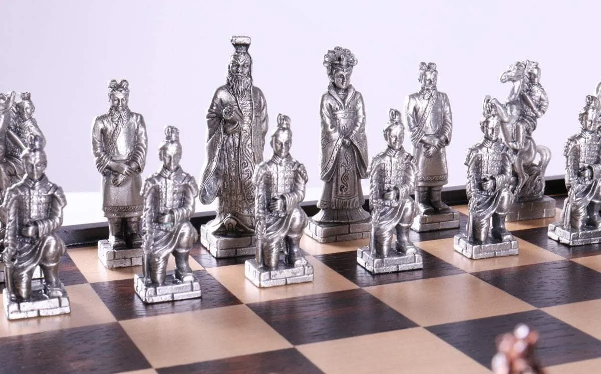 Chinese Qin Chess and Checker Set with Pewter Chessmen and Storage