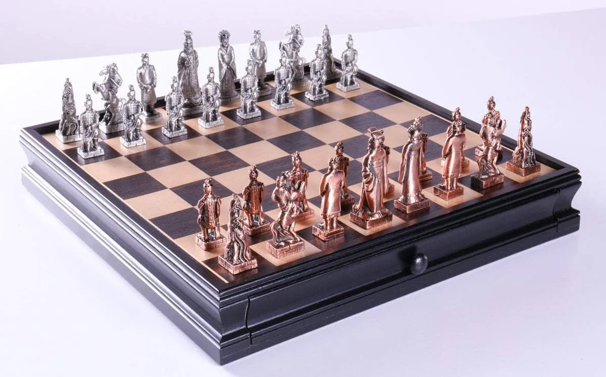 Chinese Qin Chess and Checker Set with Pewter Chessmen and Storage