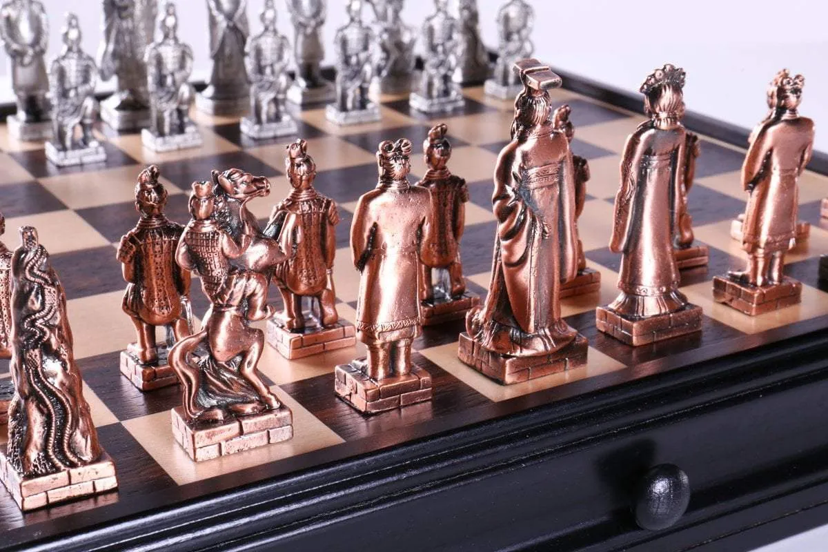 Chinese Qin Chess and Checker Set with Pewter Chessmen and Storage