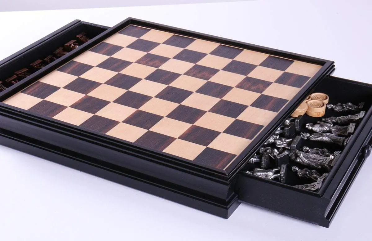 Chinese Qin Chess and Checker Set with Pewter Chessmen and Storage