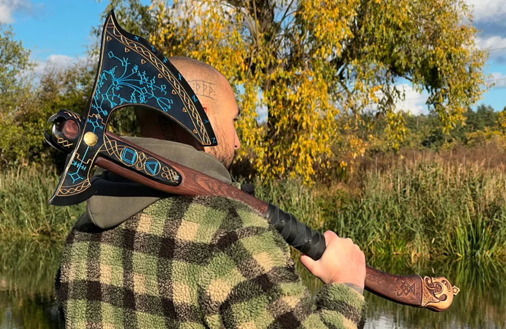 Handforged Leviathan Decorated Replica Axe - Blue & Black