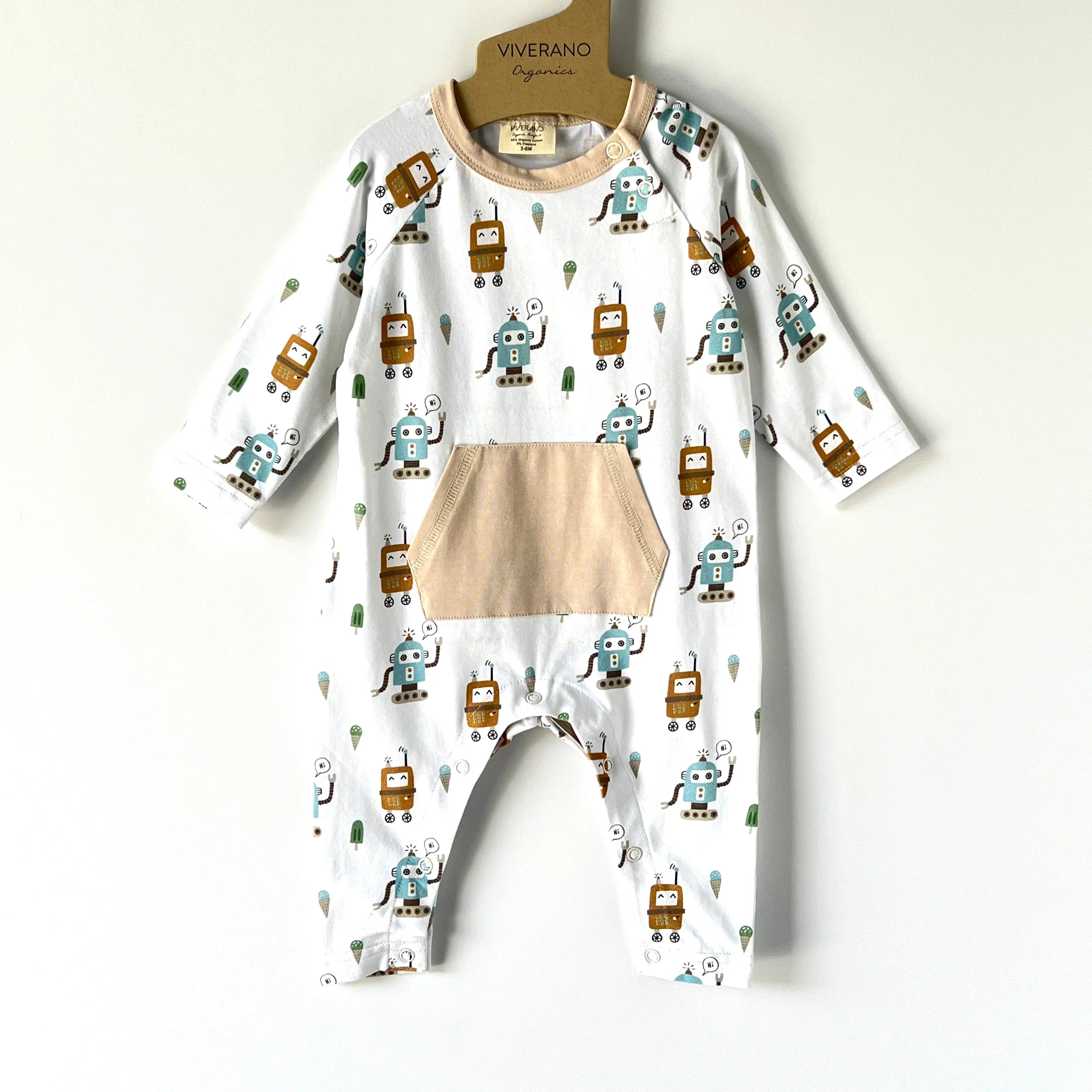 Ice Cream Robots Kangaroo Pocket Baby Jumpsuit (Organic)