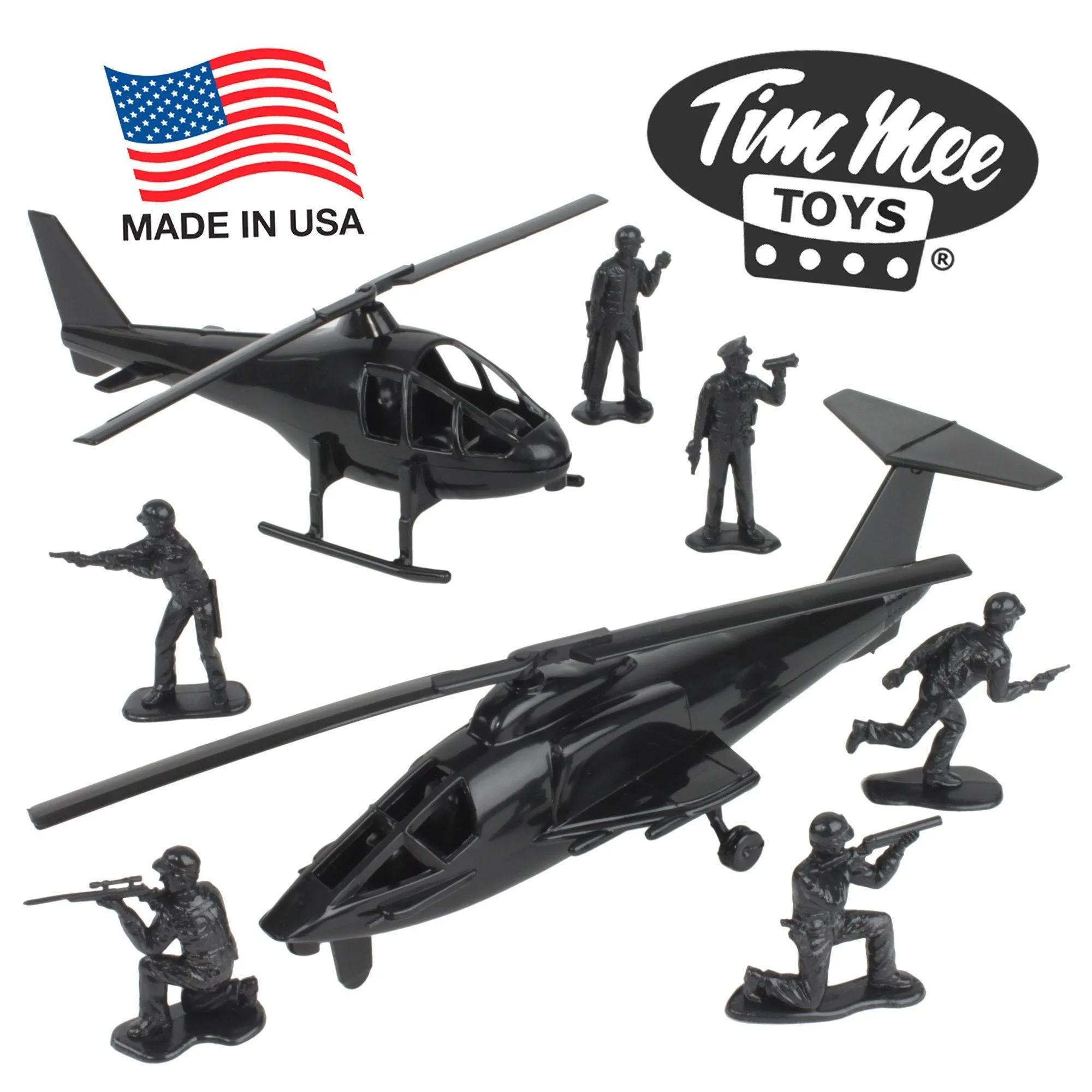 TimMee BLACK HELICOPTER Plastic Army Men - 8pc SWAT Chopper Playset: Made in USA