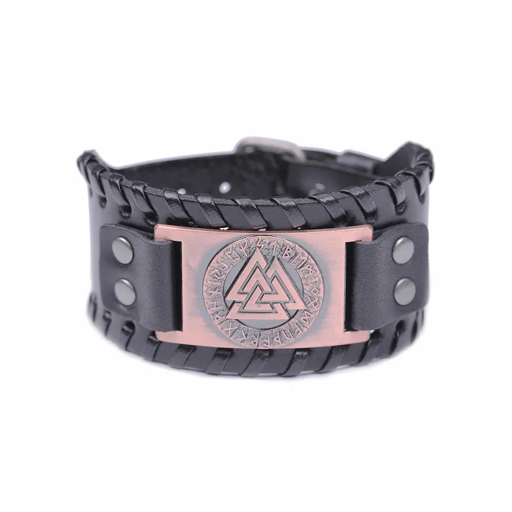 Viking Valknut Amulet Leather Bracelet