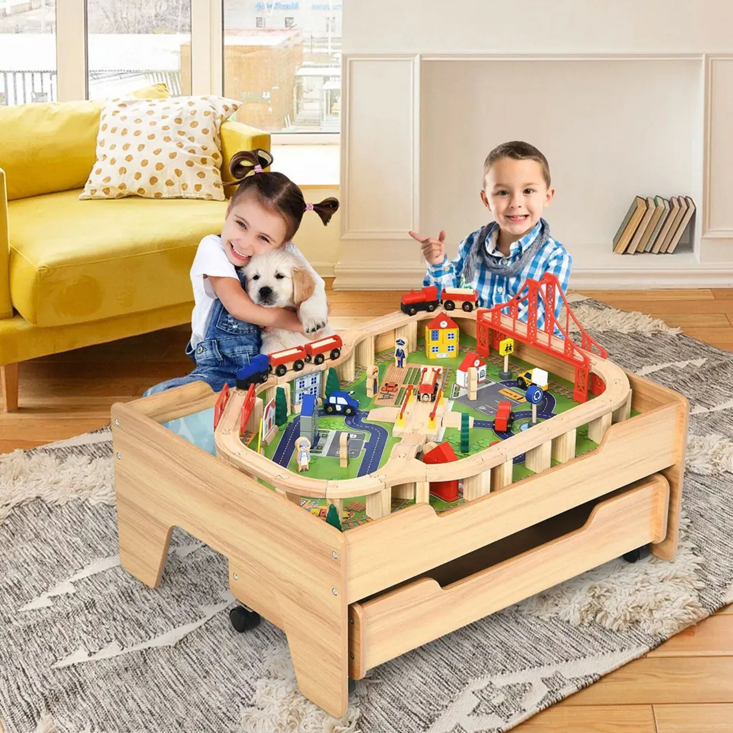 Wooden Railway Train Table Children Pretend Play Set Toy Kids Toddlers Thomas Drawer