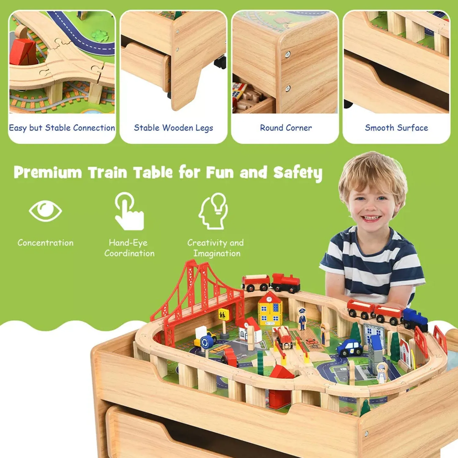 Wooden Railway Train Table Children Pretend Play Set Toy Kids Toddlers Thomas Drawer